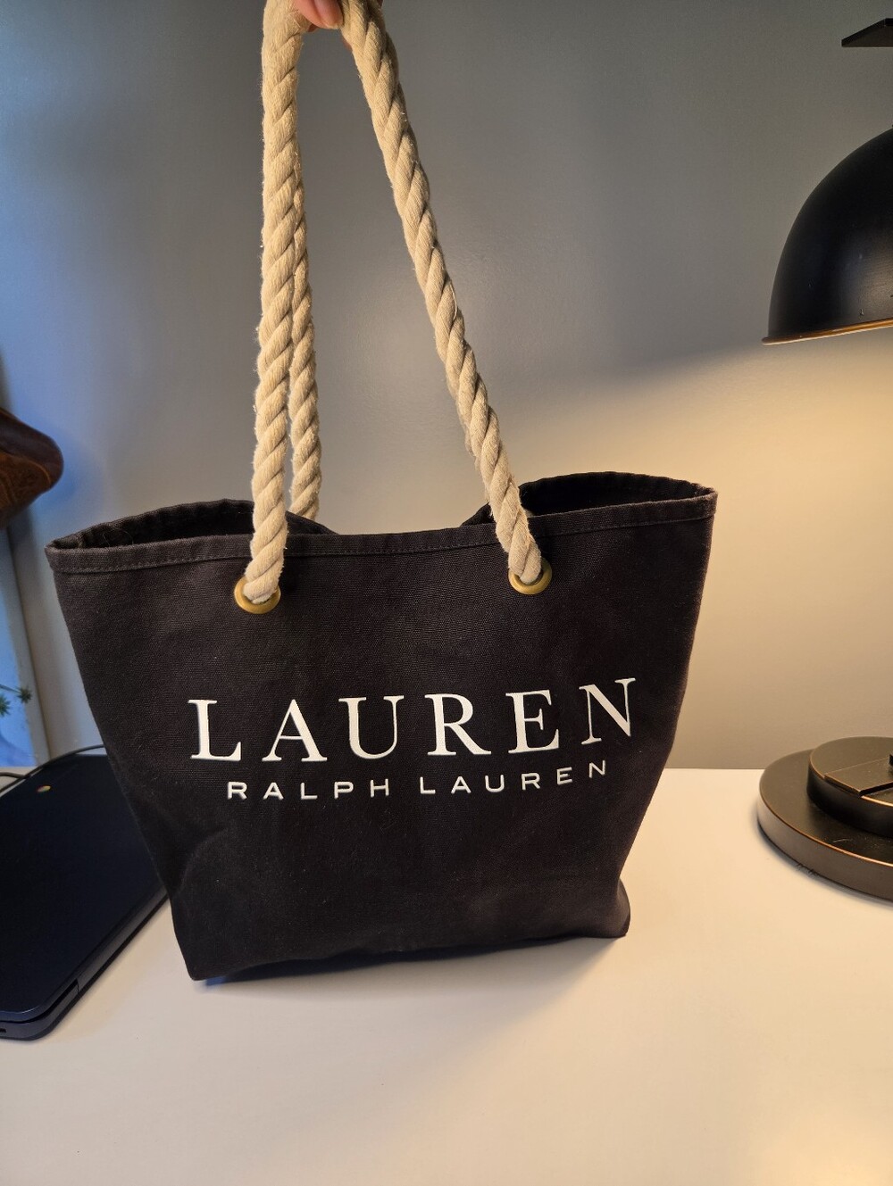 Ralph Lauren Black Canvas Tote with Cream Rope Handles and White Logo